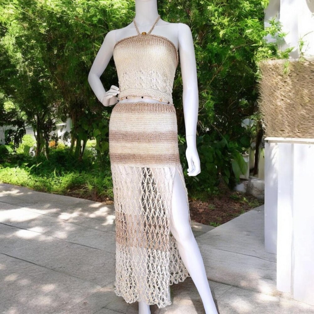 Handmade Knit + Crochet Two-Piece Set (Top &‎ Skirt) 🌿✨